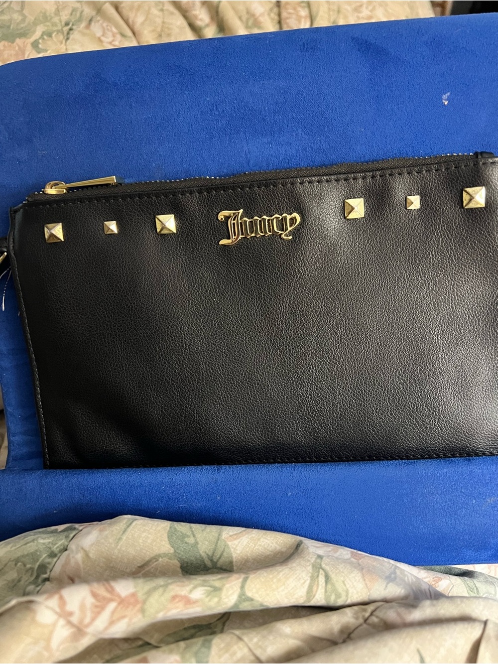 Juicy Couture Black Faux-Leather Studded Wristlet with Gold Accents